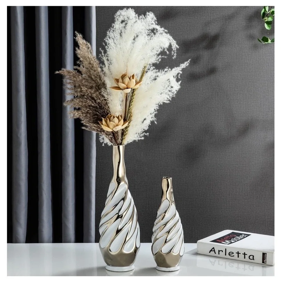 Yundu Silver White Ceramic Vase Set 2 Piece Spiral‎ Art Deco Modern Home Decor